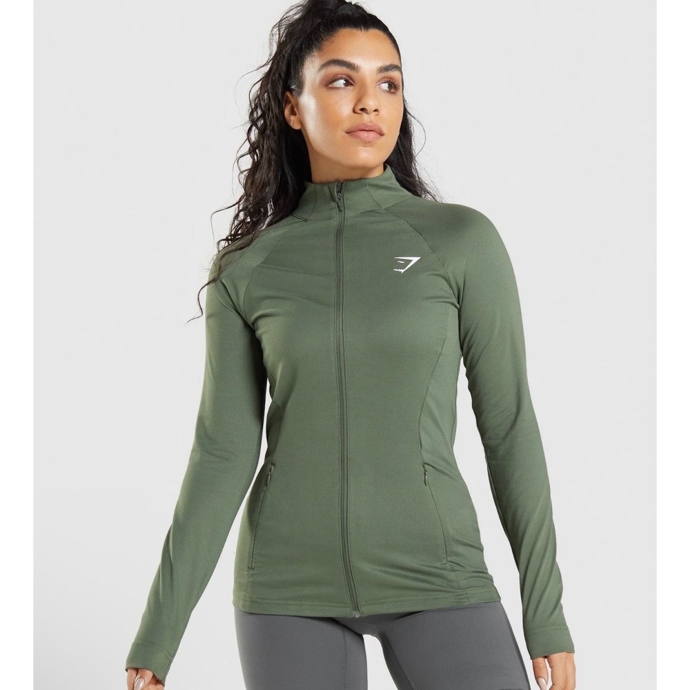 Gymshark Training Jacket Size M Olive Green Recycled Polyester Zip Up Activewear
